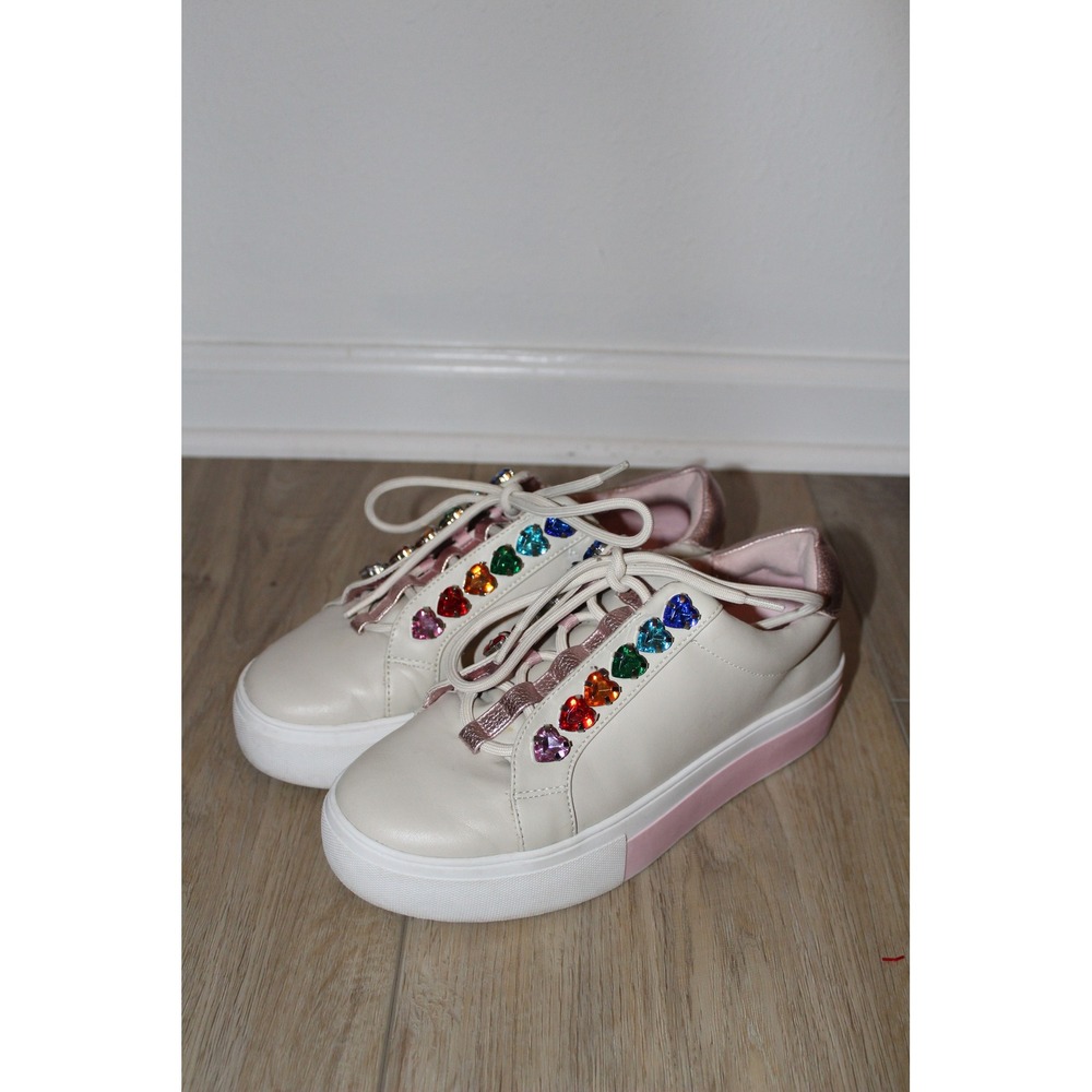 Kurt Geiger London Rainbow Heart Crystal Leather Platform Sneakers Cream 38/7.5 - Picture 2 of 5